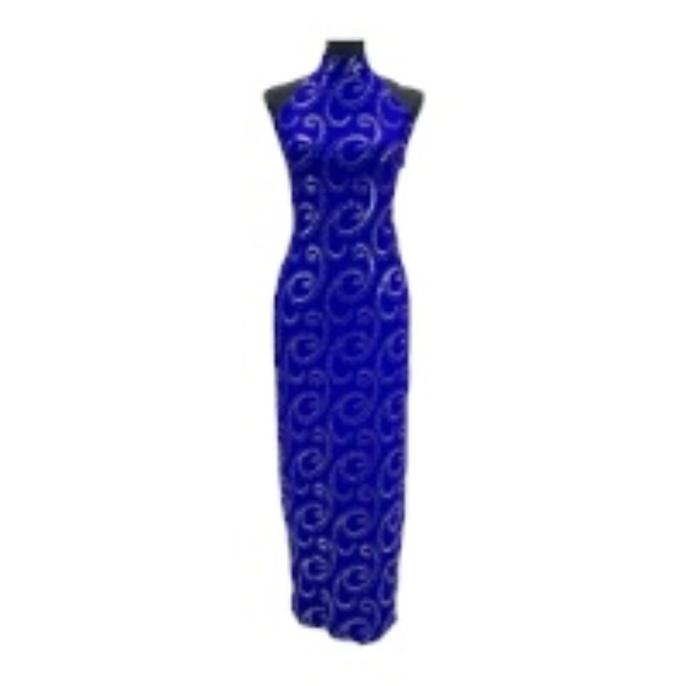 ST. JOHN EVENING ROYAL Blue Sequin Knit Halter GOWN